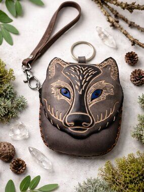 Handmade Leather Gray Wolf Wristlet Wallet Blue Eyes Animal Coin Pouch Cub Scout